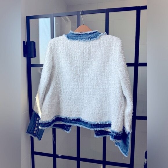 Nanette Lepore White Blue Denim Jean Boucle Tweed Jacket Coat L NWT - Picture 3 of 3